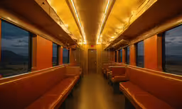 a train is seen with no people on it,there is a long corridor on the train with two orange seats
