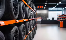 a store shelf with several tires on it