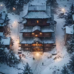an aerial view of a lodge in the middle of the snow