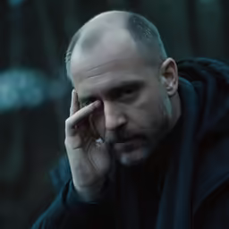 a man wearing black is looking at his finger to his temple