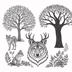 an animal drawing is shown in the shape of trees and bushes