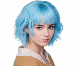 a woman with a short blue hair is looking into the camera