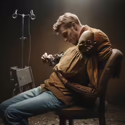 a man sitting on a chair playing the music of his instrument