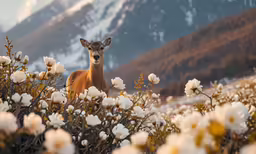 the white flowers are in bloom with a deer