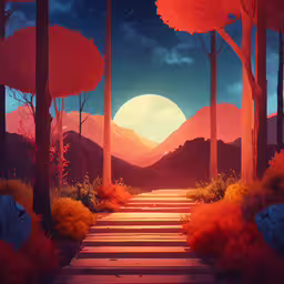 a scene with a bright sun rising behind trees,this is a picture of an empty walkway between two trees