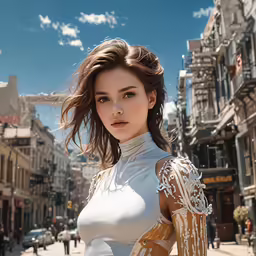 a woman is standing in a city street