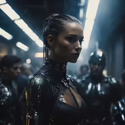 a woman in leather armor stands in a line with other men