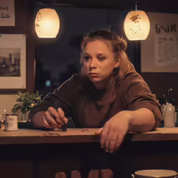 the woman sits at a bar in front of a wine bottle