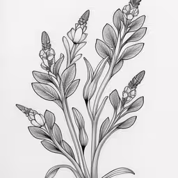 some pretty little flowers in a vase,a drawing of a flower on paper,an ink drawing of some kind of plant,a drawing of some green plants on white paper,the drawing is on paper and has plants in it