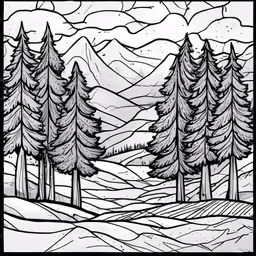 coloring page with trees in the background and mountain in the back