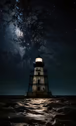 the lighthouse is on the water under a night sky
