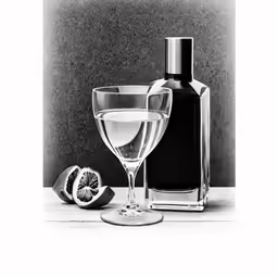 a bottle of alcohol, an old fashioned glass and an object sit beside it