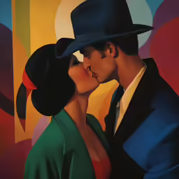 a man and a woman wearing a blue hat and a green dress are kissing