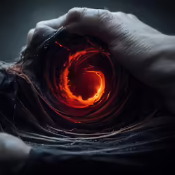 a man holds his hands inside a flame with red and orange