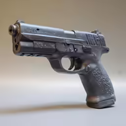 an old gun like object displayed on a white surface