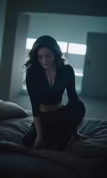 a young woman in black dress kneeling on a bed