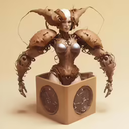 a mechanical woman in tight wear sitting next to a clock