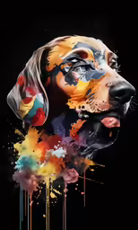 an artistic painted dog with a black background