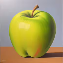 an apple sitting on top of a wooden table,an oil painting of a green apple sitting on a table,a green apple sitting on top of a wooden table,an apple that is sitting on a table,an apple sits on a table with grey background