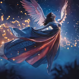 an angel is standing with arms outstretched in the sky above the stars