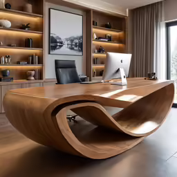 a wooden desk and bookcase in a room