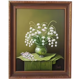 a painting of a vase of flowers on a green table,there is a painting of white flowers in a green vase,an oil painting on display of flowers in a vase,this is a painting of white flowers in a green vase,an oil painting of white flowers in a green vase