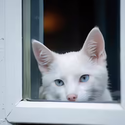 a white cat with blue eyes looking out the window