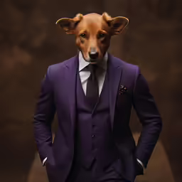 a dog dressed in a purple suit posing for a photo