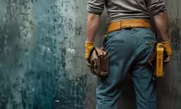 the man wears yellow gloves while standing against a wall
