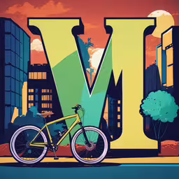a large w is on the side of a building with a bike,a colorful art work of a bike in front of a letter m