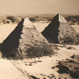 black and white image of desert land with three rocks