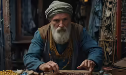 an old man wearing a gray hat and blue shirt