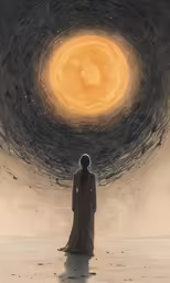 a painting of a woman standing on top of a sandy beach