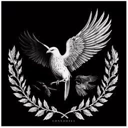 a bird flying over a wreath on top of a black background