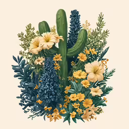 a painting of cactus with flowers and plants