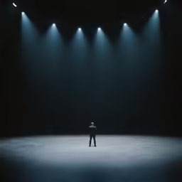 there is a man standing alone in a dark room