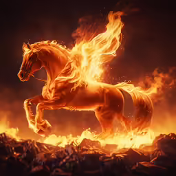 a photo of a horse that is running in a fire