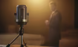 a man in a suit stands near a microphone on a table