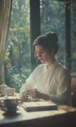 woman sitting down at a table holding a cup