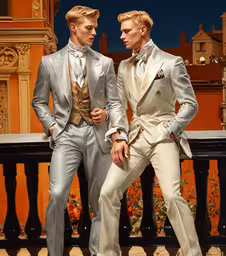 two men in formal wear stand on the stairs,two men in fancy, silver suits posing for a picture