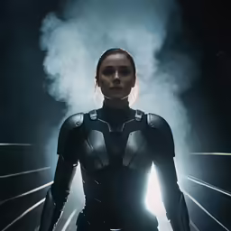 woman in black suit standing on the edge of a corridor