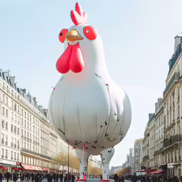 a large balloon of a chicken with a red beak,the giant chicken balloon has a big white face