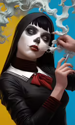 a girl in makeup and smoking cigarettes while wearing a black leather outfit
