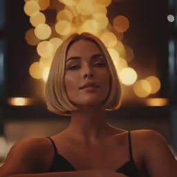 a woman in black bra smiling and posing with golden lights behind her