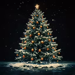 a tree in the snow is being lit up