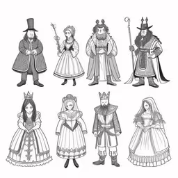 cartoon characters wearing different costumes and clothes for halloween,medieval family costume for adult and kids