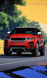a bright red suv drives on the road,the red range rover parked on the street