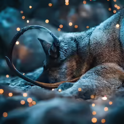 a wolf curled up asleep on some rocks