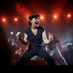 a singer in a black outfit, holding a microphone