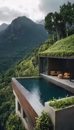 there is a pool in the mountains, surrounded by green plants